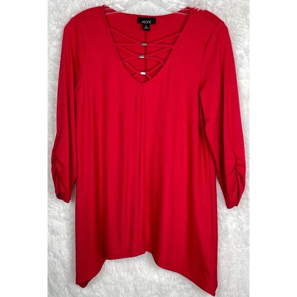 Alyx Medium Red 3/4 Sleeve Sharkbite Top Criss Cross Neck - Picture 1 of 9